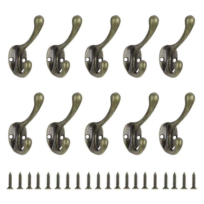 10Pcs 레트로 후크 벽 마운트 듀얼 코트 랙 코트 구리 옷 걸이 헤비 듀티 도어 로브 후크 미끄럼 방지 로브 홀더