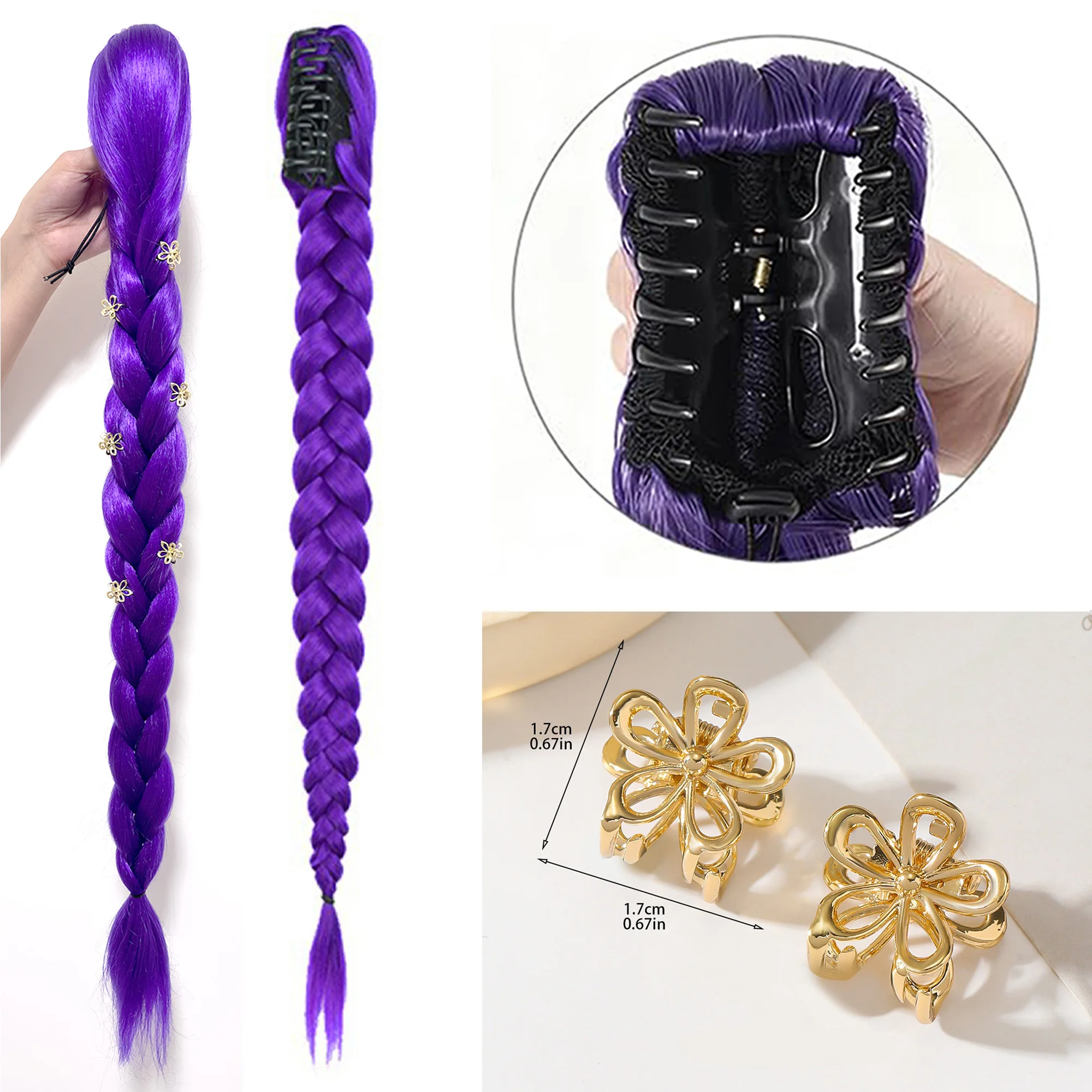 Extension de cheveux synthétiques longue queue de cheval à clipser, tressée violette, pour cosplay, enfants, filles, Halloween, Noël