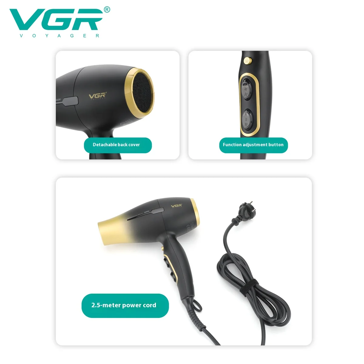 VGR2000-2400W ultra large wind power hair dryer, quick drying hair styling hair dryer, dormitory home gradient hair dryer V-461 - Image 4