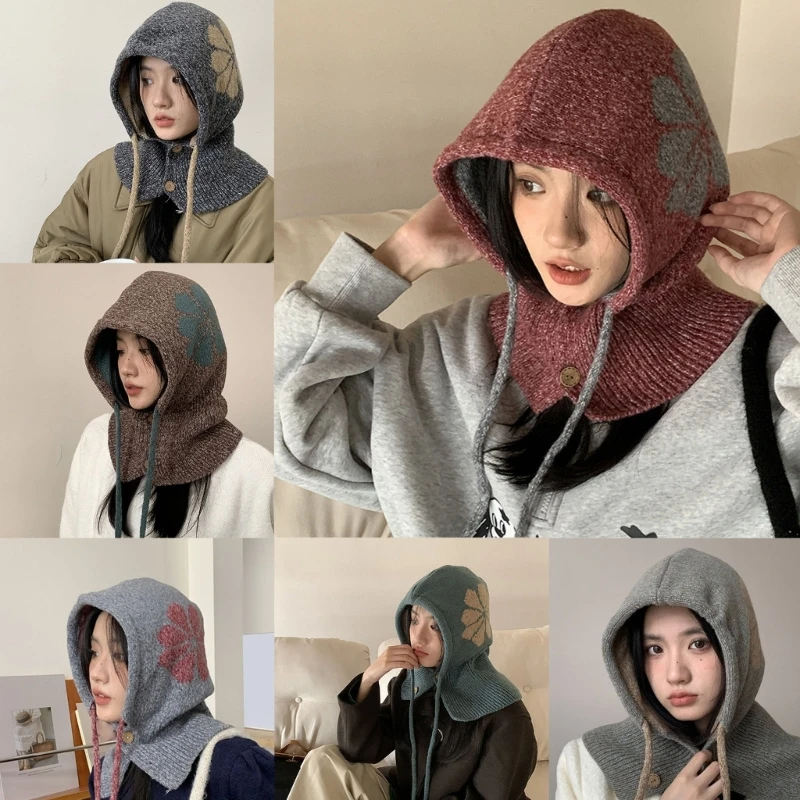 

Balaclava Women Floral Hooded Hat Knitting Hooded Neck Warmer for Outdoor Dropship