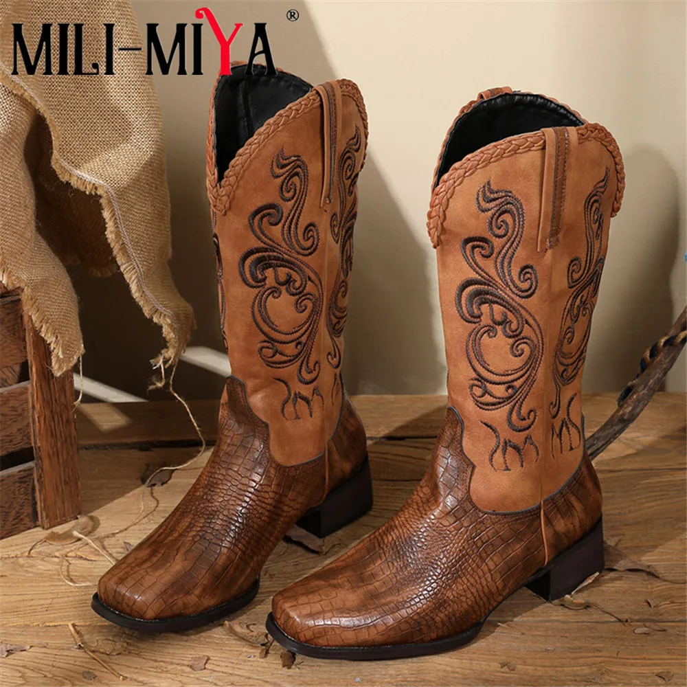 

MILI-MIYA New Arrival Women High Quality Pu Leather Western Mid Calf Boots Square Toe Thick Heels Plus Size 34-48 Handmade