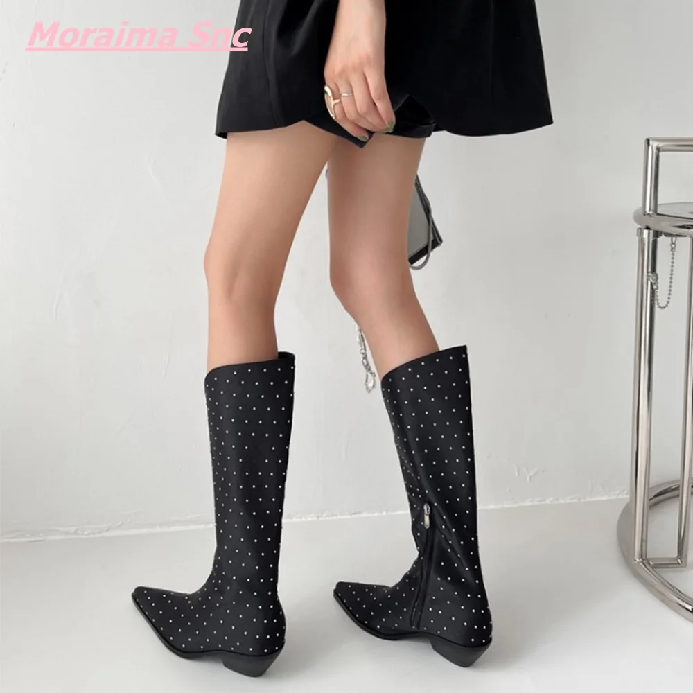 

2022 Autumn Winter Women Mid-Calf Boots Black Cool Pointed Toe Side Zipper Sexy Polka Dot Wedges Heel Fashion Punk Comfort Shoes