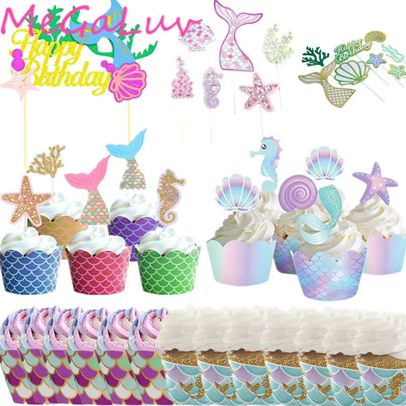 Little Mermaid Cake Topper Mermaid Party Decorations Cupcake Baking Accessory Set Baby Shower Decorazioni Happy Birthday Topper