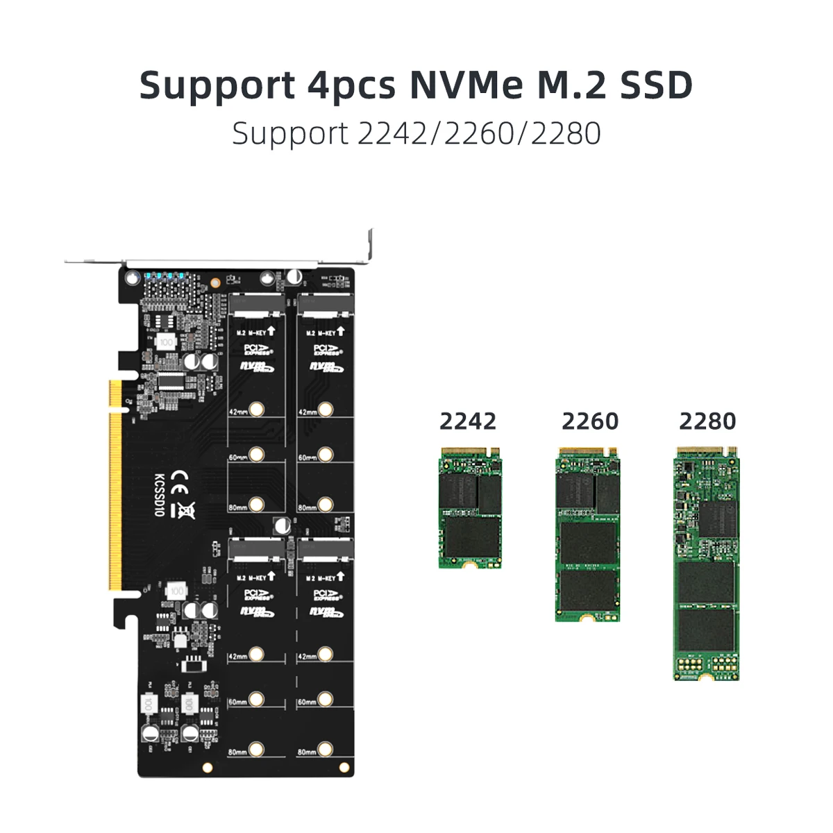 MAIWO NVMe 확장 카드 PCIe 3.0 to M.2 NVMe SSD 컨버터 4베이 레이드 어레이 카드 PC 마더보드 PCI-e X16 2242 2260 2280mm용