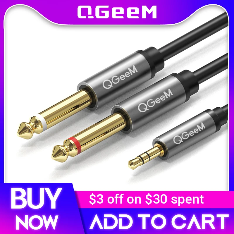 QGeeM Jack 3.5mm to 6.35mm*2 Adapter Audio Cable for Mixer Amplifier Speaker Gold Plated 6.5mm 3.5 Jack  Splitter Audio Cable
