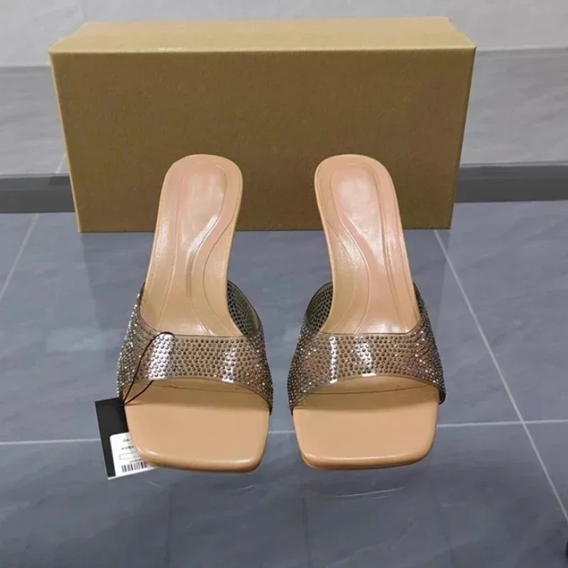 Women High Heeled Sandals Luxury Shiny Rhinestone Elegant Peep Toe Summer Slingbacks Plastic PVC Ladies Shoes