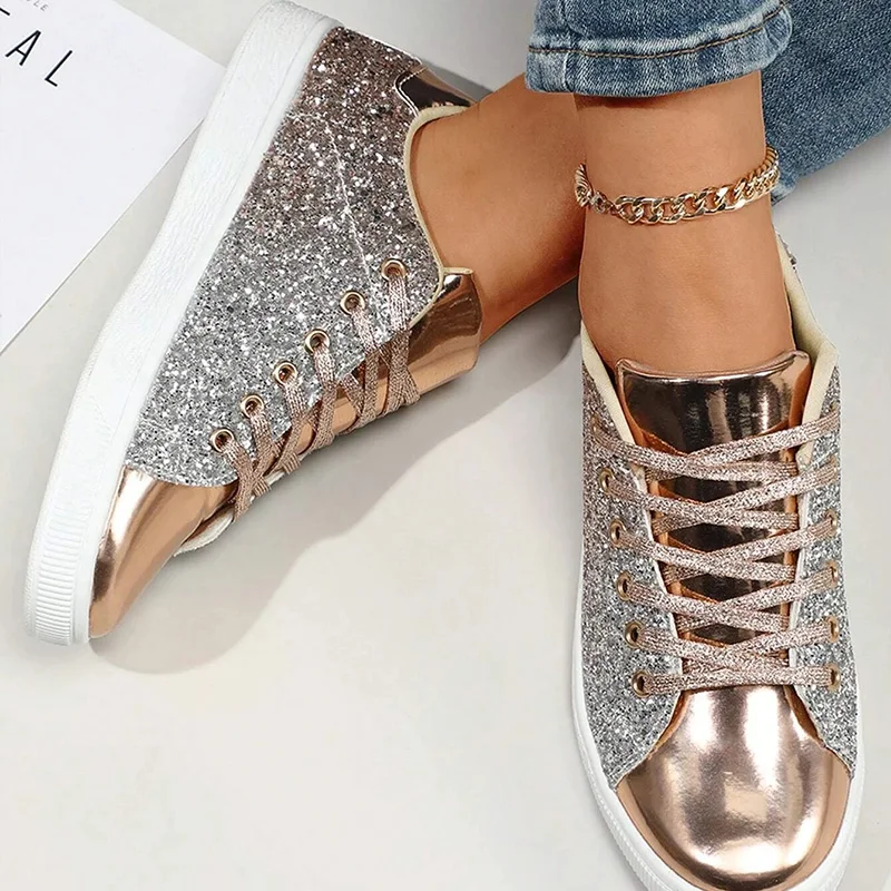 

Metallic shoe Women Lace Up Sequin Shoes Sporty Outdoor Sneakers 2023 New Casual Leisure Designer Sewing Shoe Sporty Skate Shoes