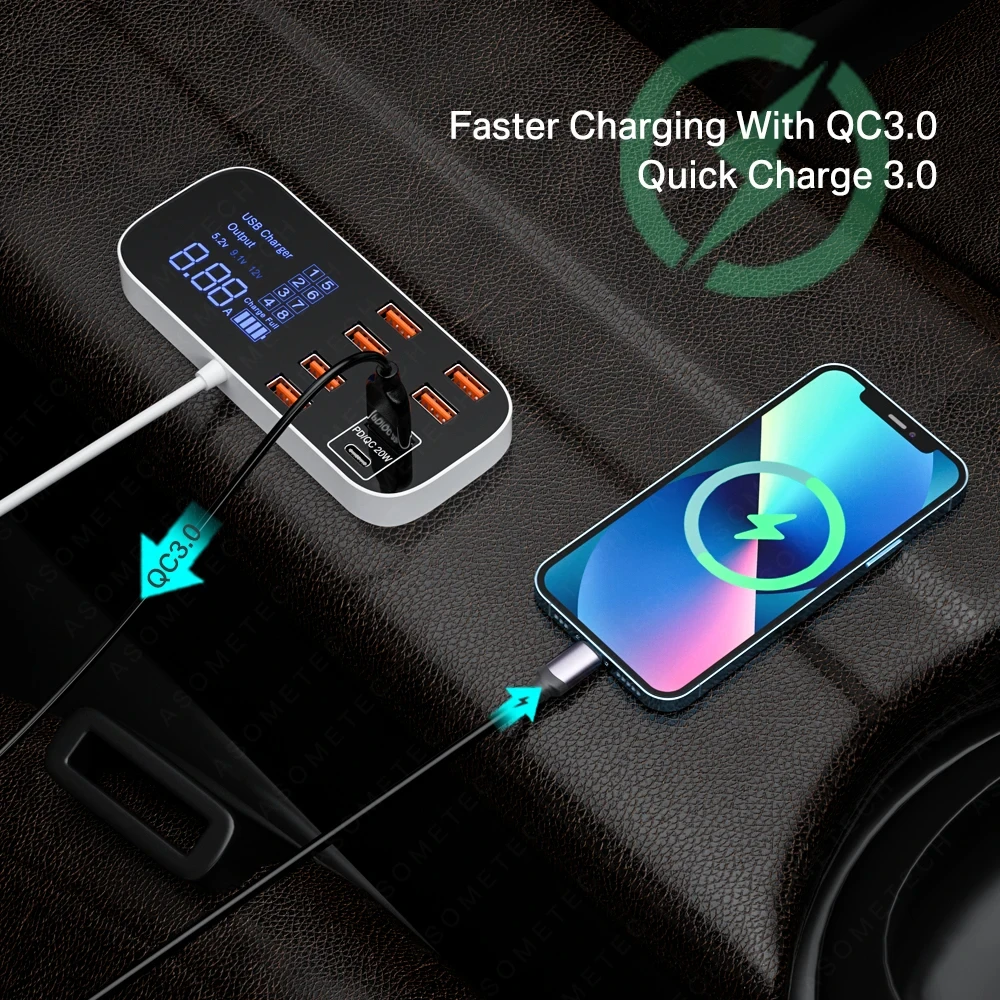 EONLINE 3D 40W 8 Ports USB Car Charger QC3.0 PD Type C Fast Phone Charger with LED Display Multi USB Charger for iPhone 15 Pro