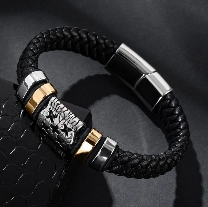 

New Fashion Classic Black Braided Leather Bracelet Metal Magnetic Buckle Bracelet Men Charm Punk Fashion Jewelry Gifts Wholesale