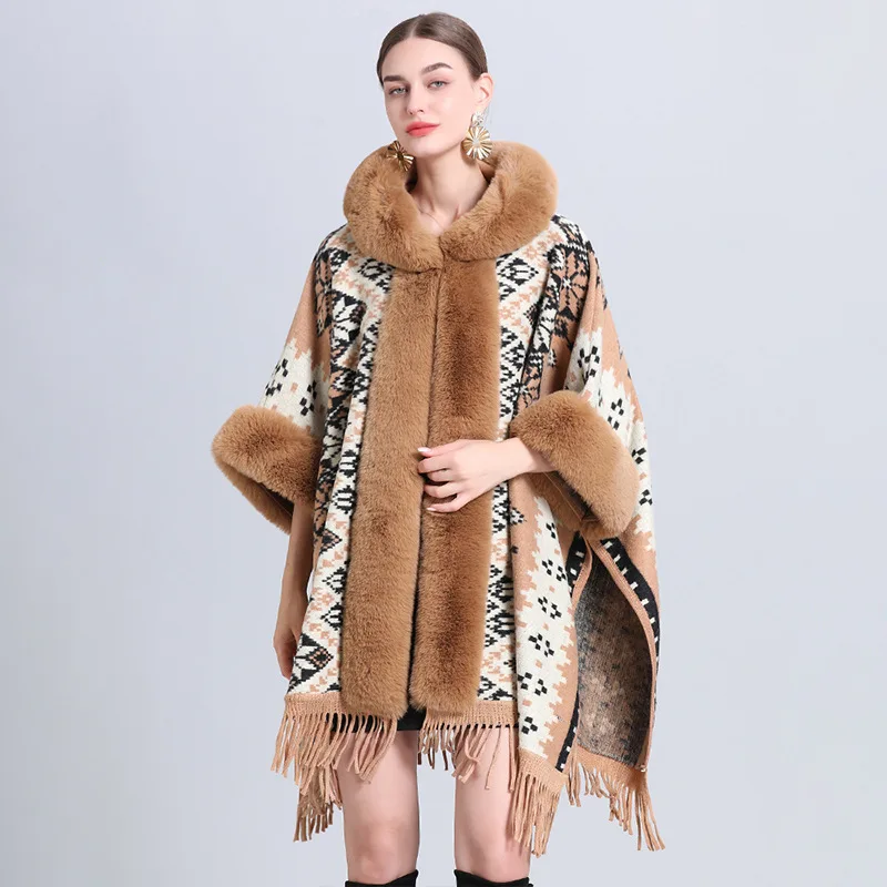 

Женское пончо и накидки #1233, свободное толстое теплое винтажное асимметричное пончо с капюшоном и кисточкой из искусственного меха, зима