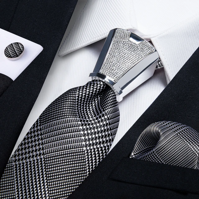 Cravatte da uomo in seta pied de poule nere argento di lusso con cravatta  in argento con fibbia a cerchio da uomo con cappuccio da uomo _ - AliExpress  Mobile