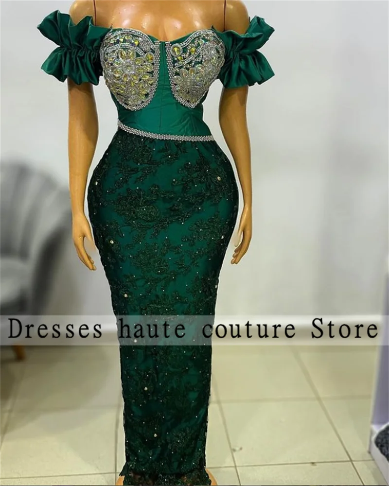 

Aso Ebi Green African Crystal Mermaid Evening Dresses Luxury 2023 Appliques Wedding Party Dress For Women Plus Size Prom Dress