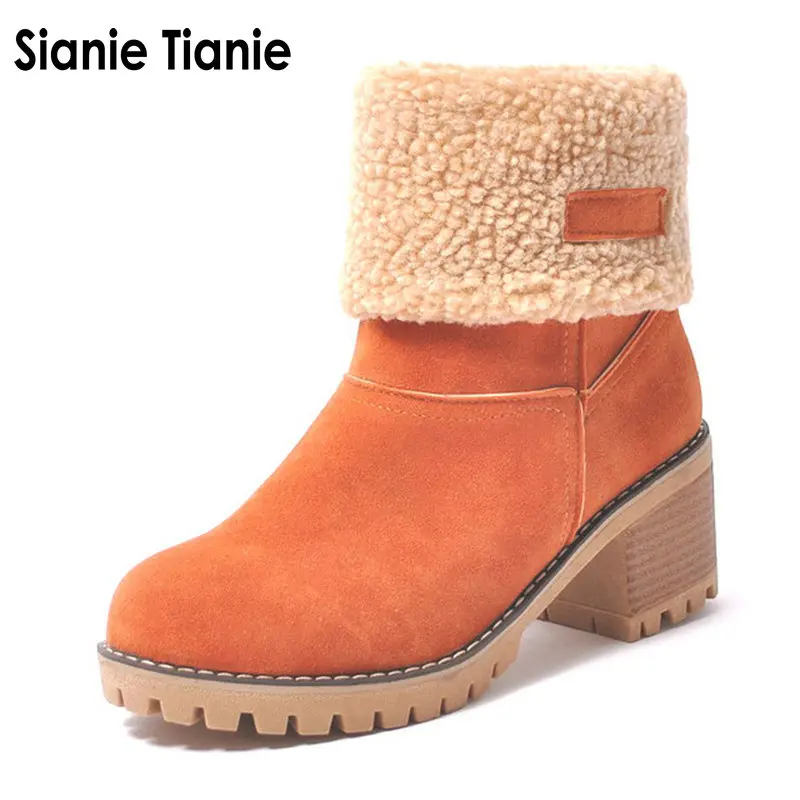 

Женские ботинки QPLYXCO, женская зимняя обувь, женские меховые теплые зимние ботинки, Модные ботильоны на высоком квадратном каблуке, черные, зеленые ботинки