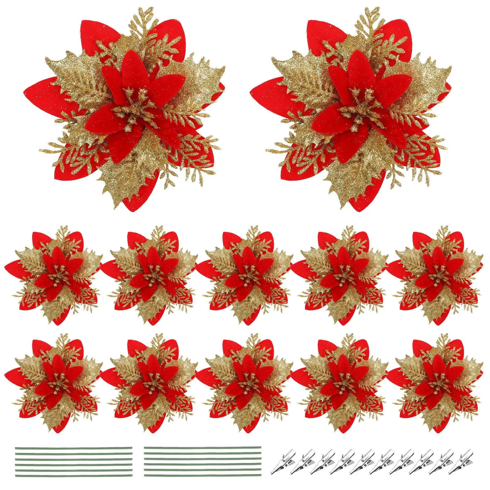 

12pcs Christmas Tree Flowers Hanging Ornaments Christmas Glitter Artificial Poinsettia Flowers Party Decoration With Stems Clips