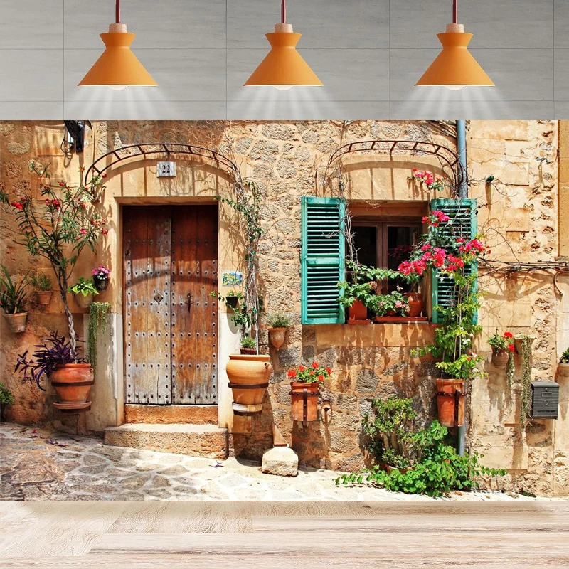 Italy Streets Photography Background Mediterranean Towns Alley Stone Wall Flower Door Windows Scene Home Party Backdrop Wall