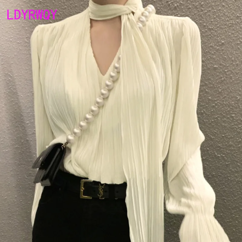 South Korea 2022 Autumn/Winter New Solid V-Neck Tie Fold Flare Sleeve Loose Versatile Long Sleeve Shirt Top Women велопокрышка continental top contact winter ii premium reflex fold e bike 37 622700x35 cg 12206