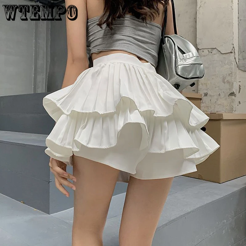 

WTEMPO Elastic High Waist Ball Gown Women Summer Fashion New A-line Skirts Solid Color Casual Dance Party Short Pleated Skirts