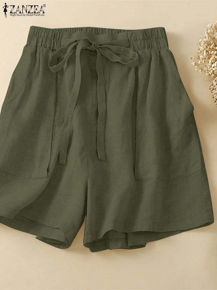 ZANZEA Summer Fashion Lace Up Shorts Woman Casual Beach Loose Knee Length Pant Female Elegant Streetwear Elastic Waist Trousers