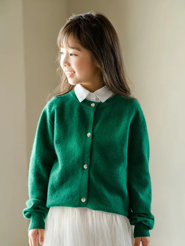 Children's Autumn Winter Pure Wool O-neck Cardigan Boys Girls Kid Merino Solid Color Sweater