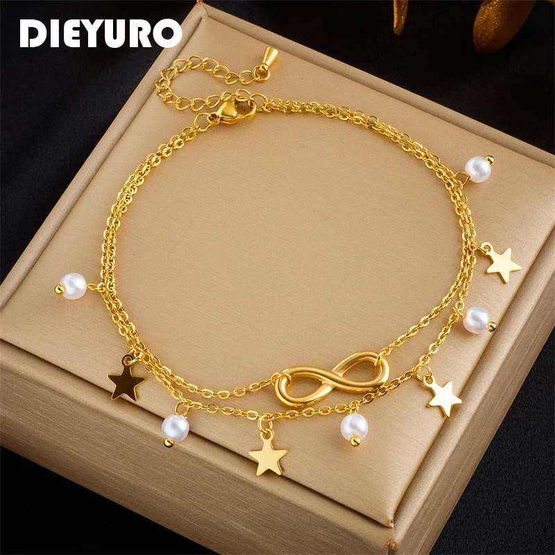 DIEYURO 316L Stainless Steel Star Pearl Number 8 Charm Anklet For Women Girl New Trend Multilayer Chains Anti-Rust Jewelry Gift