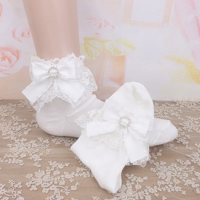 2023 New Beads Japanese Style Sweet and Cute Lace Socks Bow Rhinestone Buckle Socks for Women Fashion Soft Girl Socks