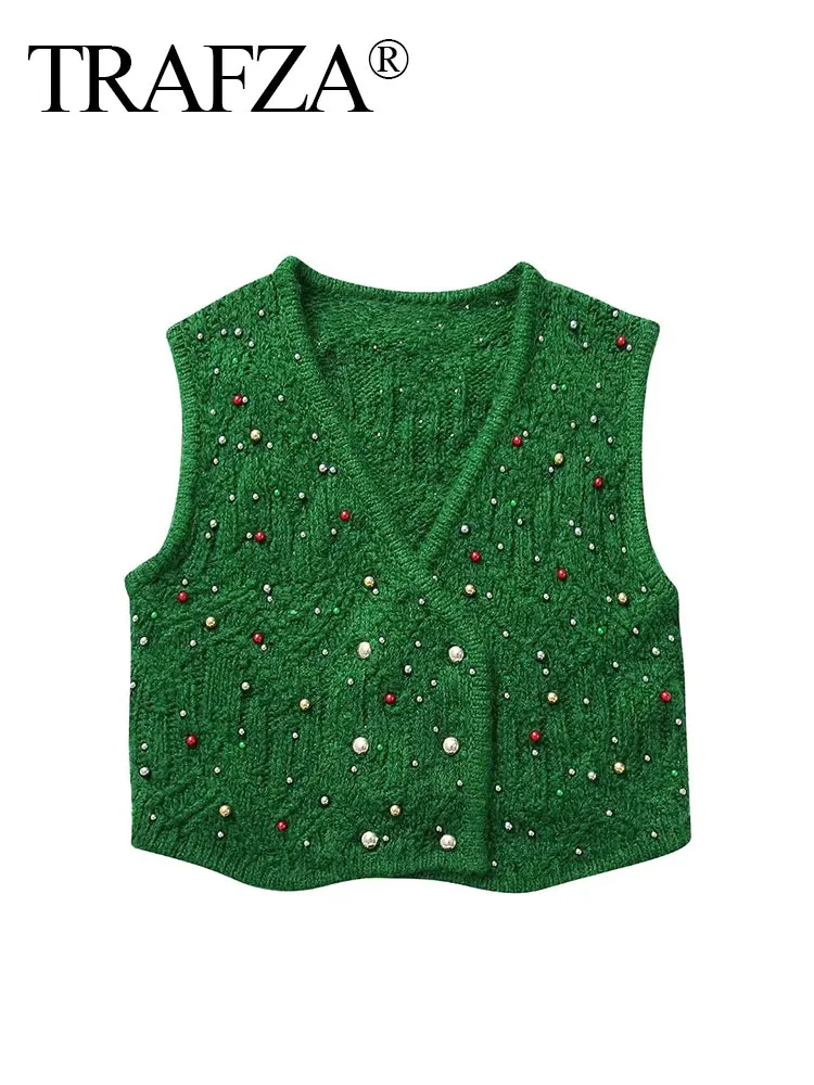 

TRAFZA Women's Spring Knitted Cropped Vest Fashionable Faux Pearl Decorated V Neck Sleeveless Women's Slim Fit Vest Retro Top