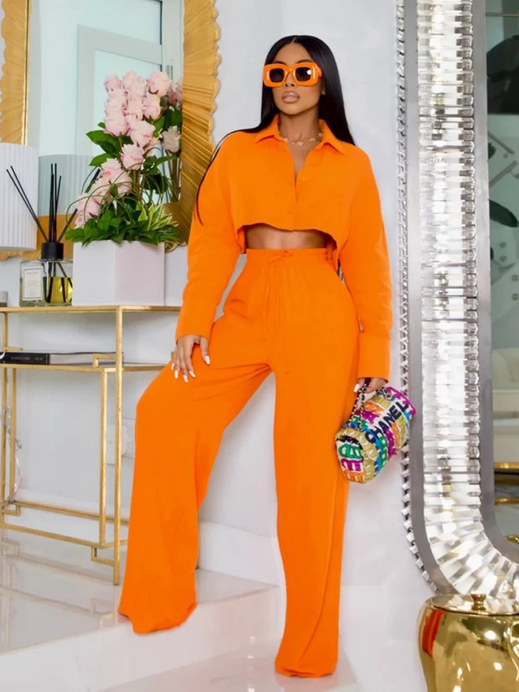 

Daily Casual Women's Two Piece Tracksuits Lapel Neck Full Sleeve Crop Tops and Drawstring High Waist Wide Leg Trouser Sweatsuits