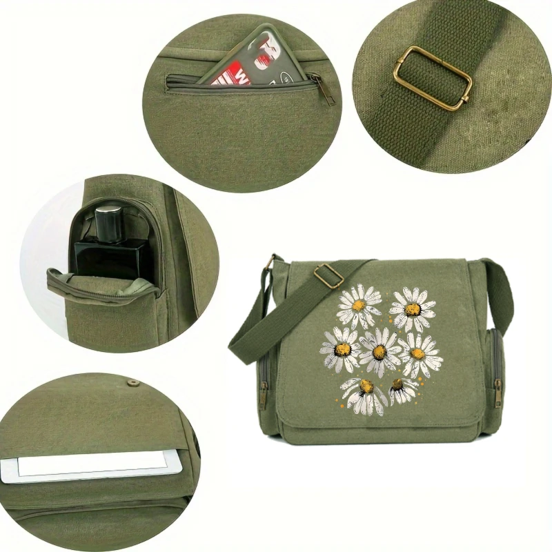 Casual Women's Shoulder Bag Crossbody Bag Canvas Daisy Print Large Capacity Multiple Pockets Messenger Bag