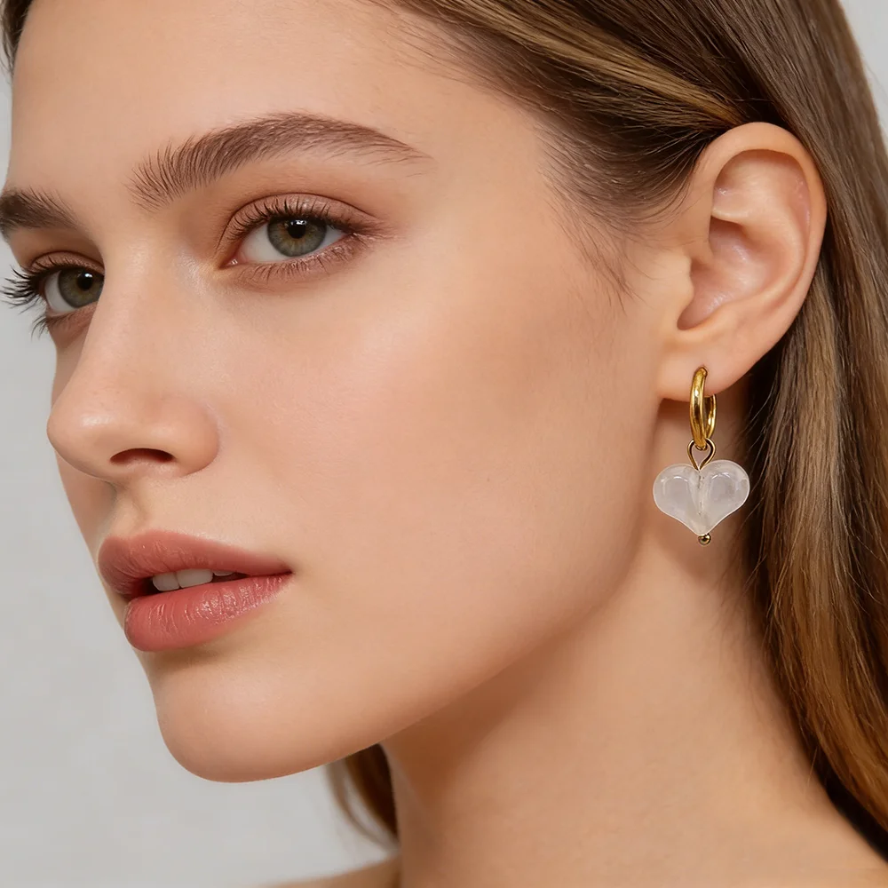 HUIDANG Frühjahr Neuheit Herz-Ohrringe für Damen Creolen aus Edelstahl 316 mit Naturstein – Detail 2