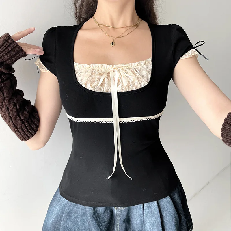 tシャツ PATCHWORK LACE TOPS レディース Amazon.com: Women Lace Patchwork Crop Top Y2k Fairycore