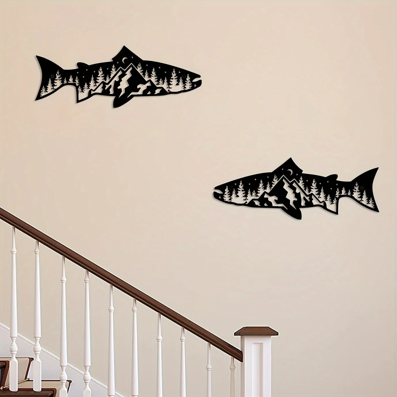 

Настенный декор в форме рыбы, уникальное металлическое настенное искусство в виде горного леса для дома, современное настенное искусство, декоративная наклейка