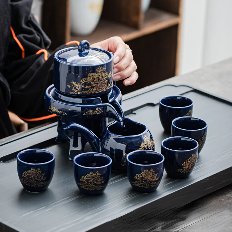 

Automatic Tea Set Ceramic Rotary Graphite Lazy People's Luck Moves Creative Blue Jilan