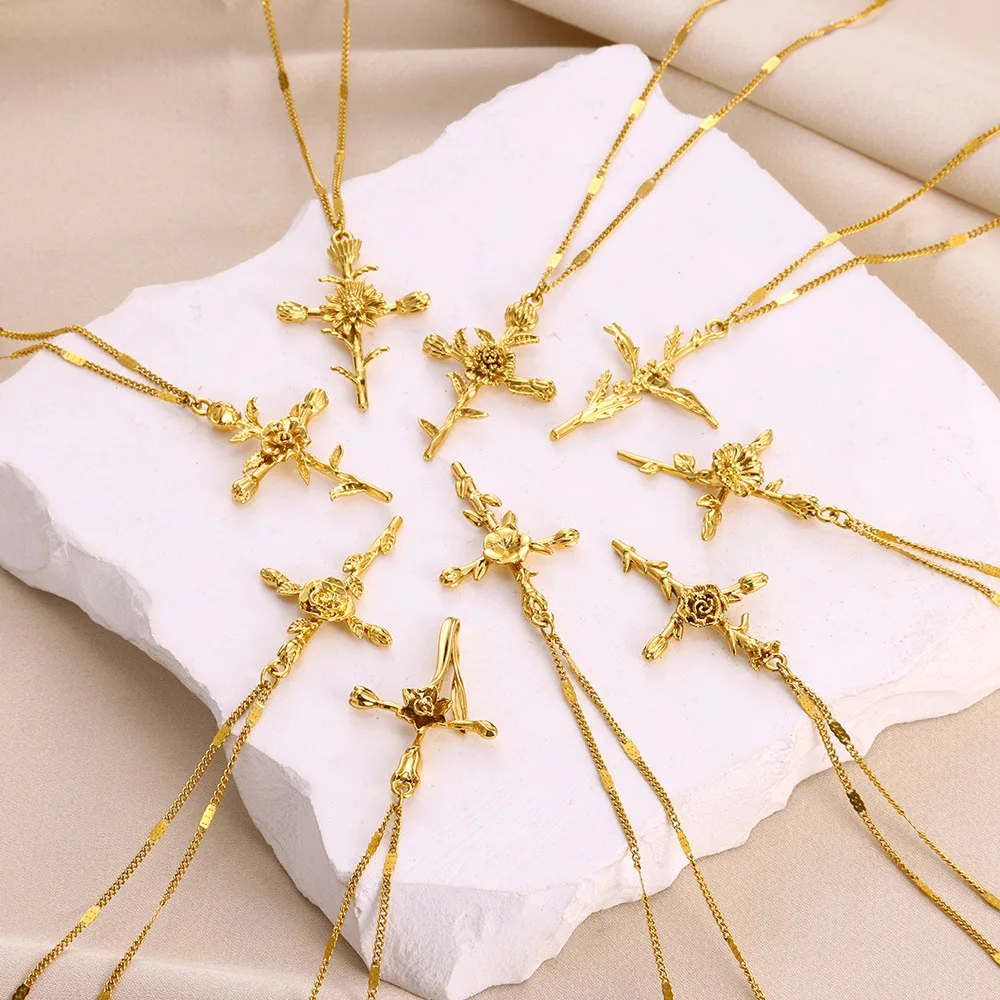 Stainless Steel Birth Flower Cross Necklaces For Women