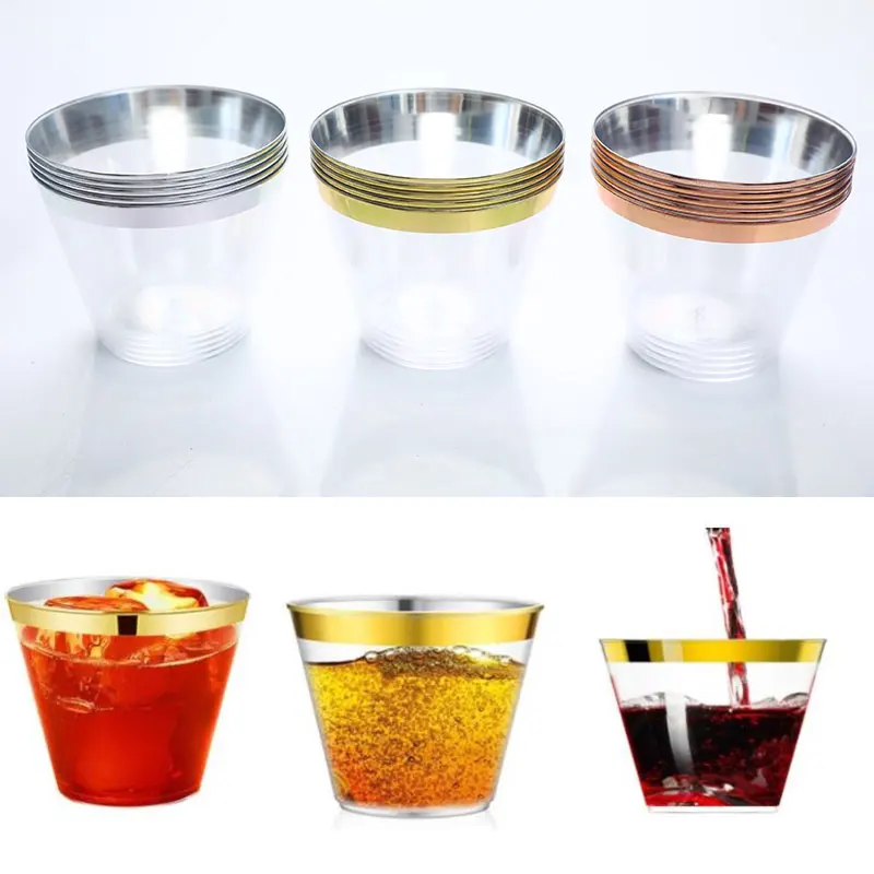 

Home Wedding Holiday Party Gold Silver Rose Gold Plastic Cup 9 Oz Hard Disposable Cup Plastic Wine Glass 5pcs