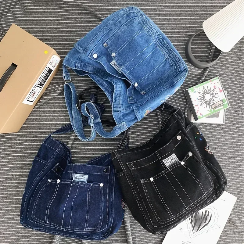 High Quality Canvas Women'S Shoulder Bag Unisex Denim Blue School Student Shoulder Bag  Casual Messenger Bag Crossbody Bag