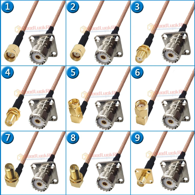 Zestaw zestaw PL259 SO239 UHF żeński kołnierz do SMA RP-SMA RP SMA męski i żeński 90 Degree4 otwór 25*25mm kabel ze zworką kabel RG316