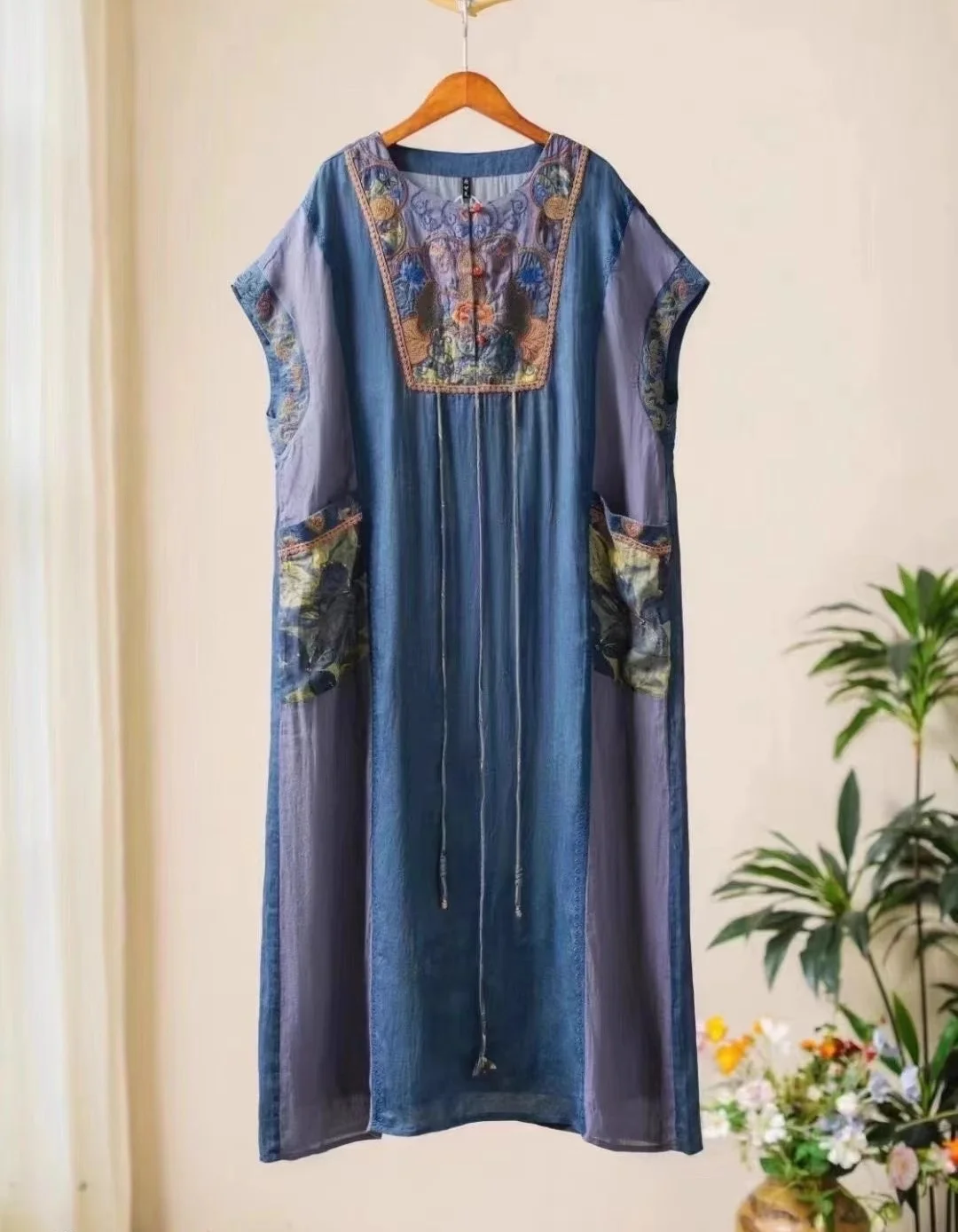 

Vintage 100% ramie long robe national style embroidered patchwork loose Short sleeve long dresses fashion summer dresses