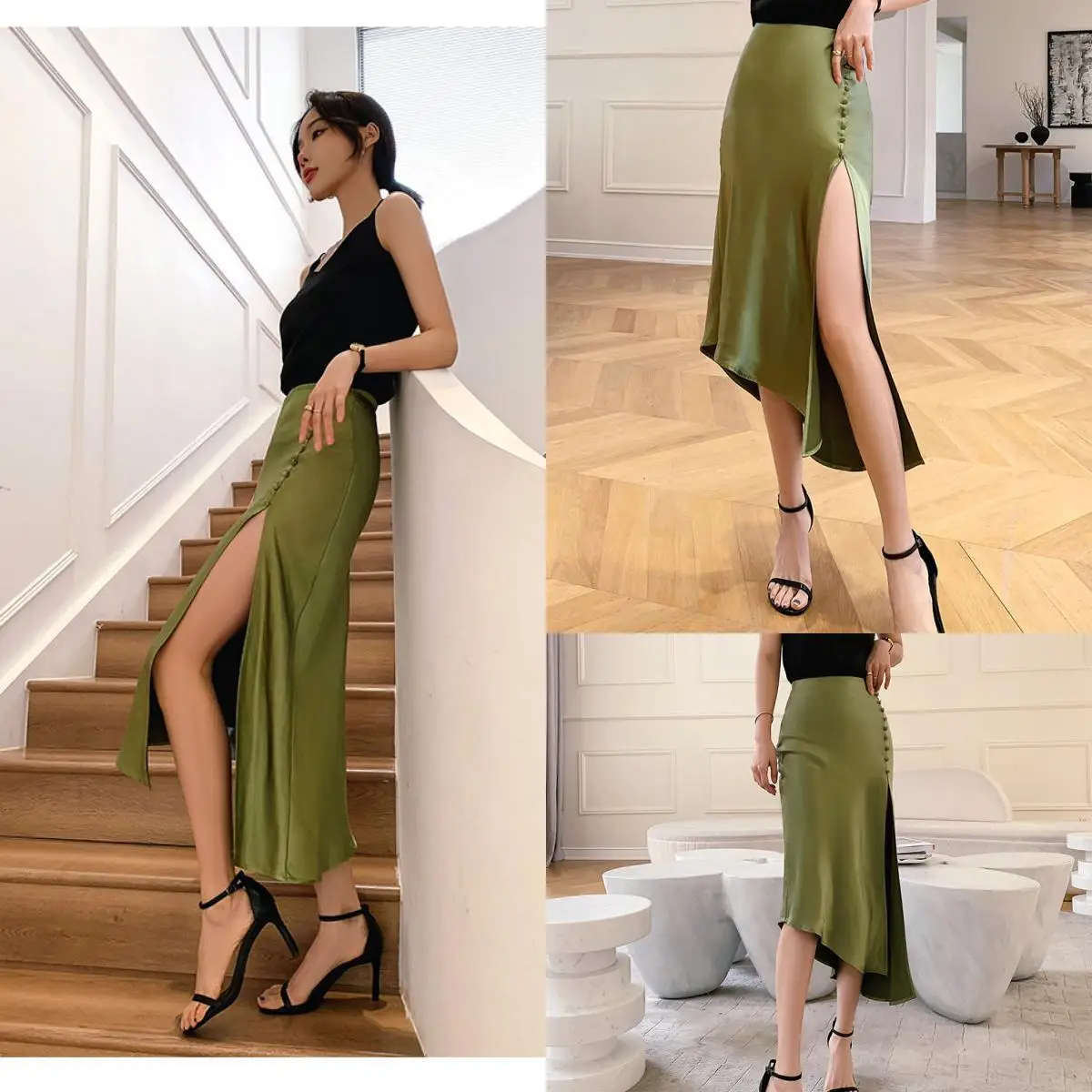 

14707#IENA Elegant Vintage Green Bread Hip skirt design sense Sexy Split High Waist Mid-length Plain A-line Dress With Buttons