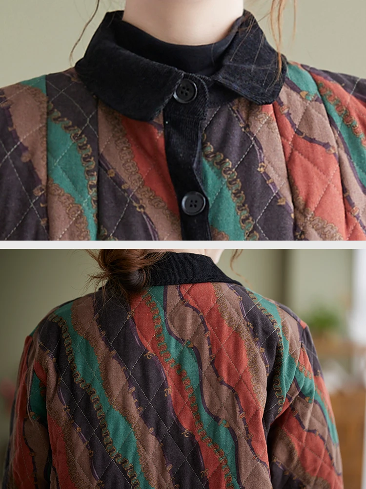 Winter Cotton Coat Ethnic Style Long Sleeve Vintage Single Breasted Women Patchwork Casual Loose Medium Length Striped Outerwear