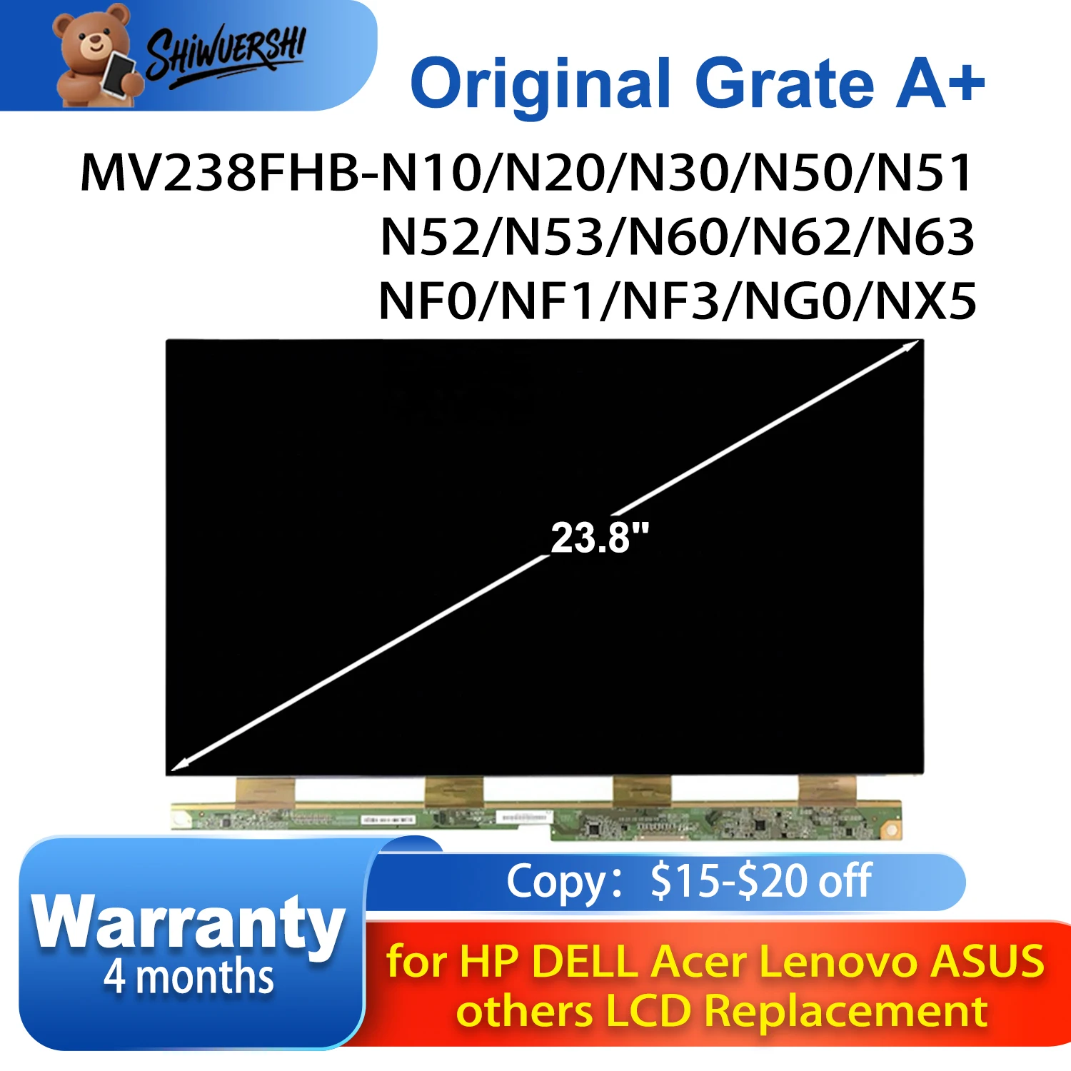 Écran LCD Compatible AIO 23.8″ MV238FHM-N60 – Full HD, Mat, 30 Broches LVDS