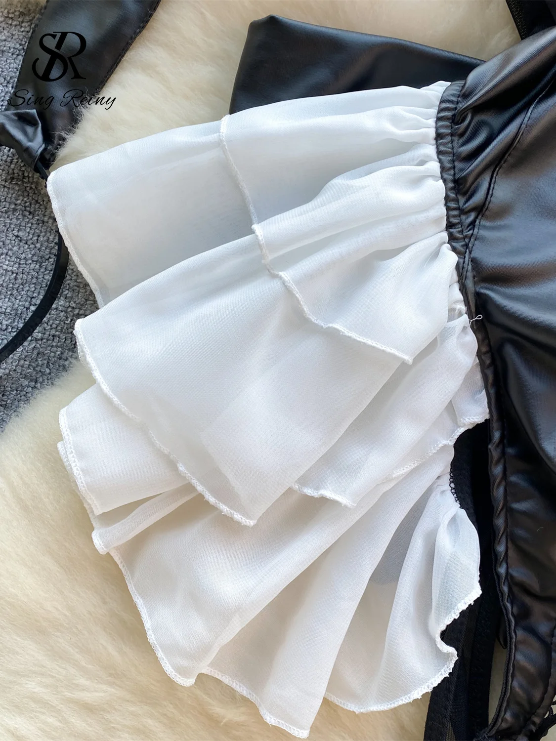 SINGREINY Cosplau Erotic Playsuits PU Leather Halter Splice Lace Up Mesh Halter Rabbit Girl Lingerie Hollow Out Sexy Bodysuits sexy lingerie