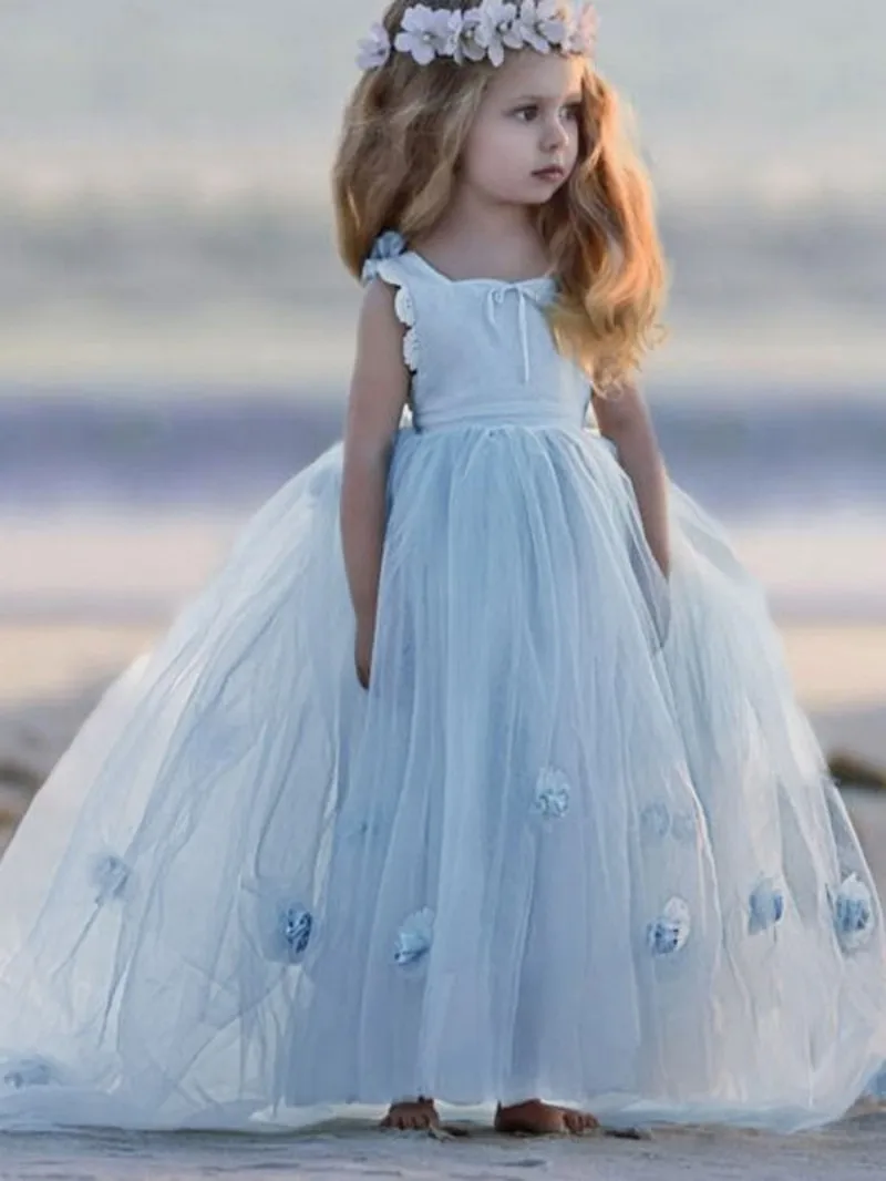 

Summer Tulle Floral Flower Girl Dress Child Spaghetti Strap Sleeveless Long for Wedding Party Pageant Ball Gown