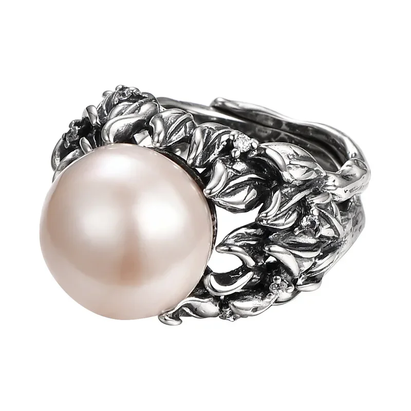 Genuine s925 sterling silver rings for Women New Fashion freshwater pearl vintage hollow leaf Palace style jewelry wholesale