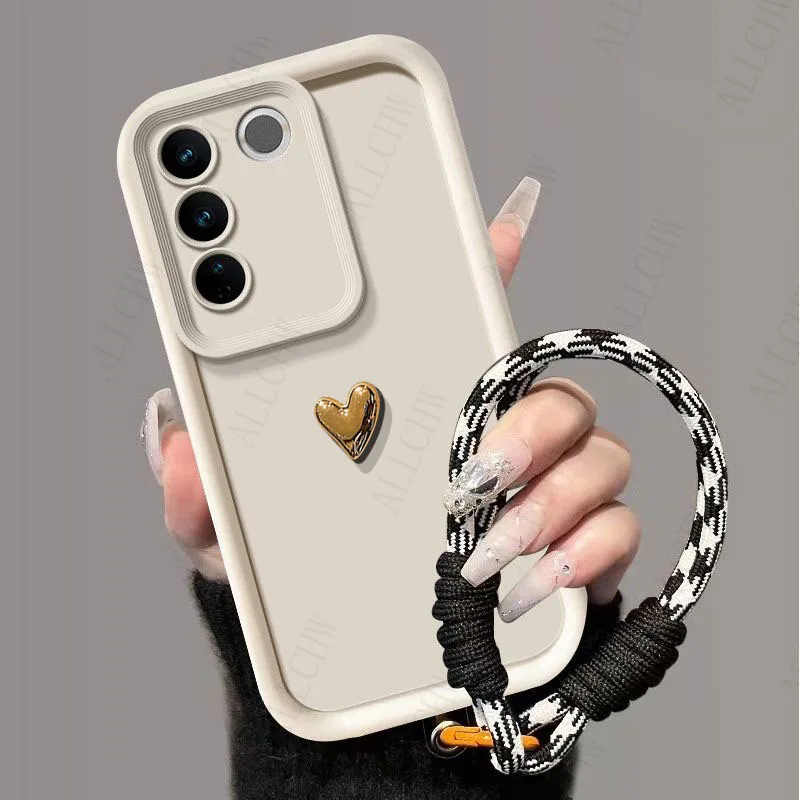 Golden Love Heart Phone Case with Hand Strap - Full Coverage Cover