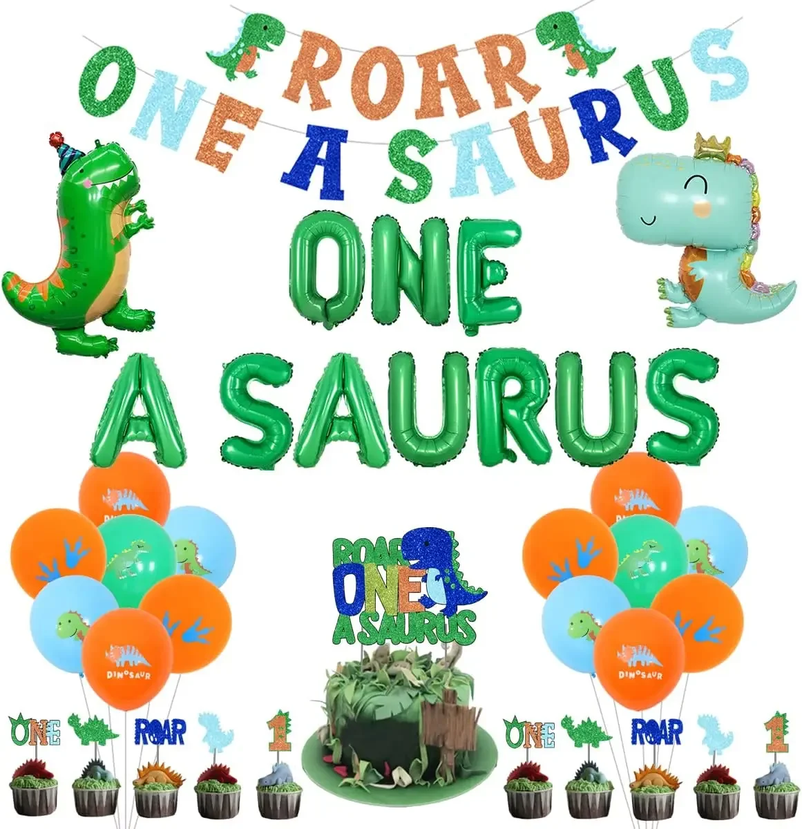 

Dinosaur Themed Party Decorations Roar One A Saurus Banner Cake Topper Dinosaur Foil Balloons Boys 1st Birthday Party Supplies