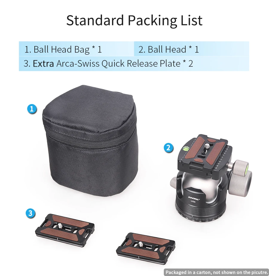 U44/U55 Low Profile Camera Tripod Ballhead, with Arca 1/4" Quick Release Plate,