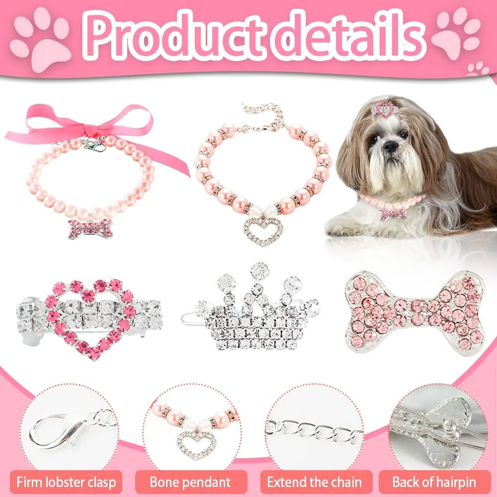 Collar de perlas con tiara de perro para perros pequeños y medianos, pinzas  para el pelo de corona, accesorios para cachorros, perrito, corazón y hueso
