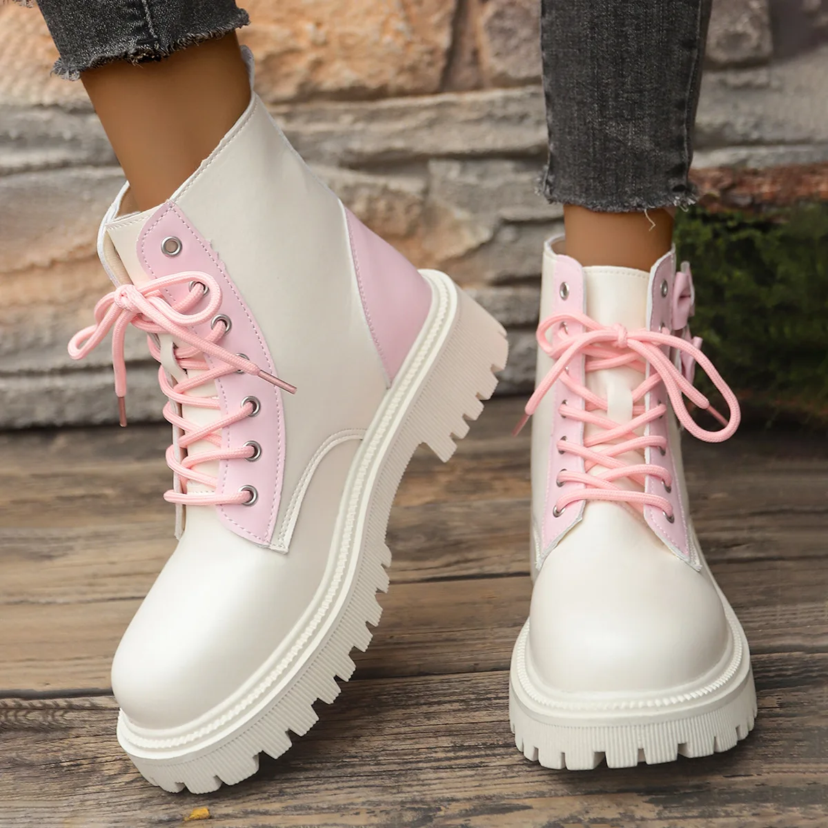 Sweet Pink Bowknot Mix Color Ankle Boots Women 2025 Autumn Thick Bottom Lace Up Boots Candy Punk Metal Decoration Booties Size42