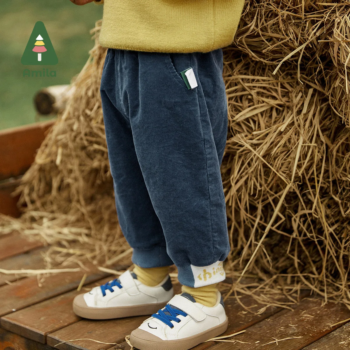 Amila Baby Pants 2023 Spring Autumn New Embroidery Corduroy Three Colors Loose Trousers Girls and Boys Children\'s Clothes Casual