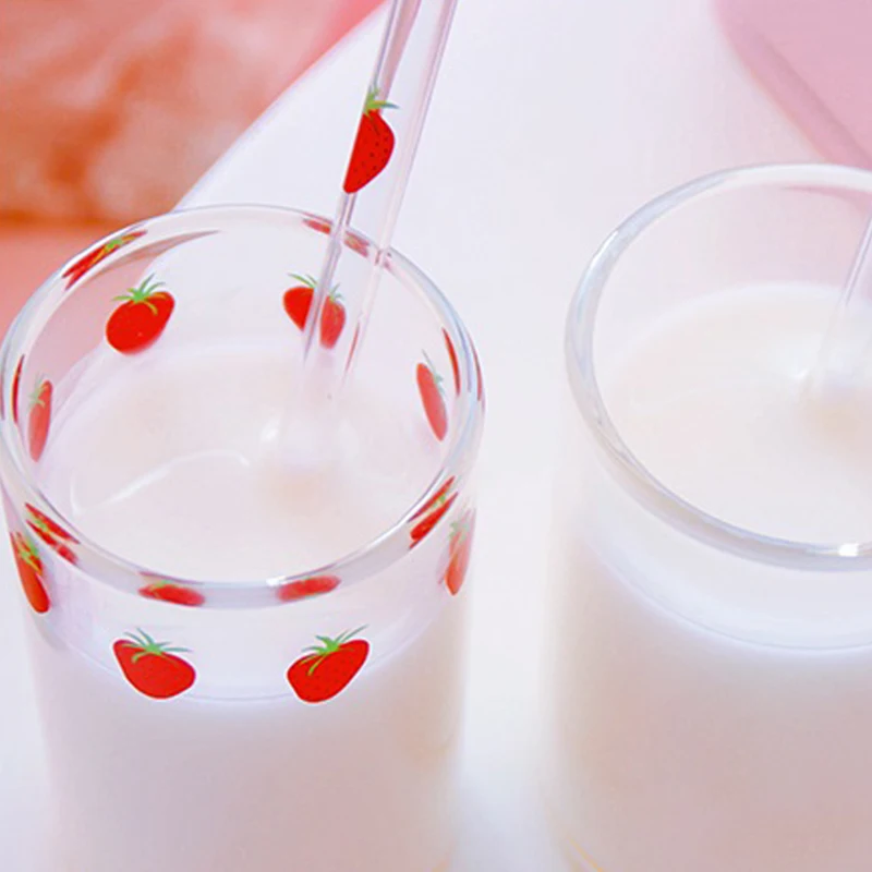 Strawberry Printed Glass Mug Cup 300Ml Nana Strawberry Glass Cup Glasses Straw Transparent Water Whiskey Lemon Tea Mugs